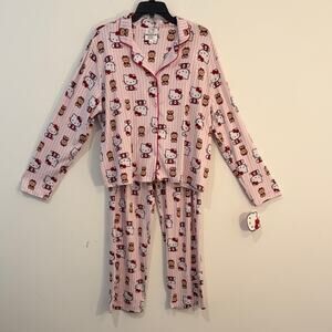 NWT Hello Kitty & Tiny Chum Pink Striped Pajama Set Button Down Women size L
